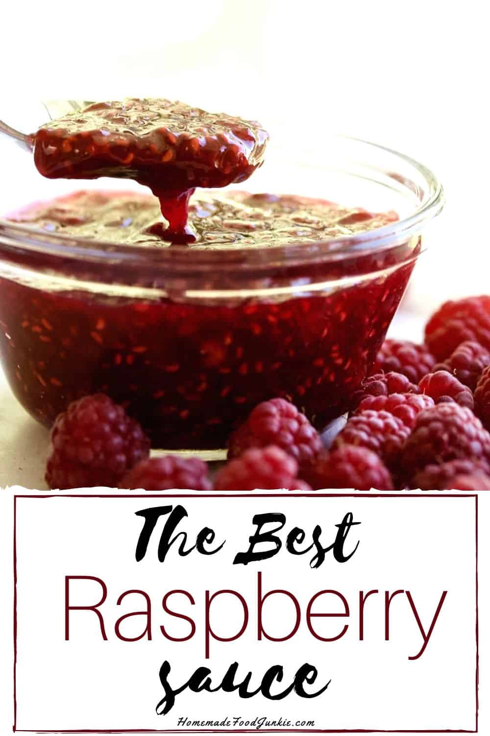 Homemade Raspberry Sauce Recipe is So easy to make with just berries, water, thickener and sweetener. A few minutes on the stove and a beautiful raspberry topping is ready for your favorite dessert recipes. This post includes tips on freezing, texture and gives a low carb option too. #raspberrysauce #raspberryrecipe #dessert #desserttopping #topping #berries #healthydessert The best Raspberry sauce-pin image
