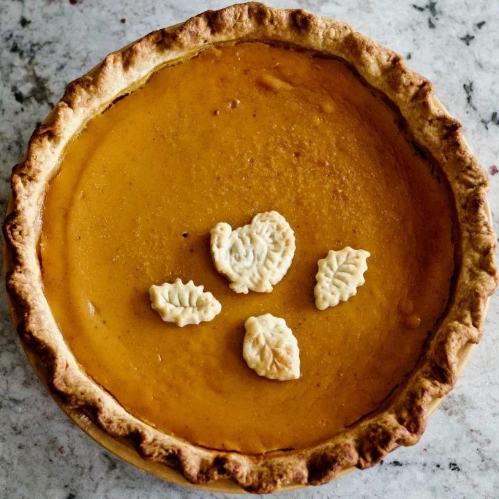 Pumpkin pie filling from fresh pumpkins baked in a sourdough pie crust with a turkey and three fall leaf dough toppers