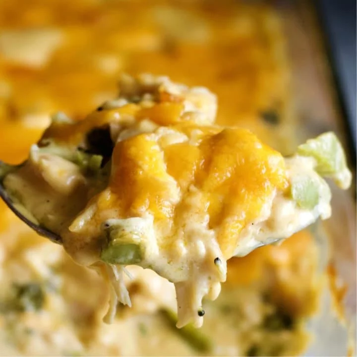 Chicken Mornay Casserole scooped from the casserole dish