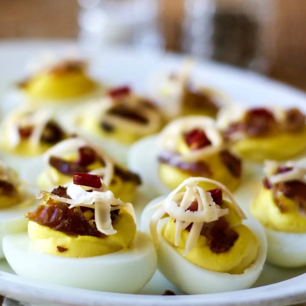 Deviled Eggs With Bacon,Peppers And Dates Http://Homemadefoodjunkie.com