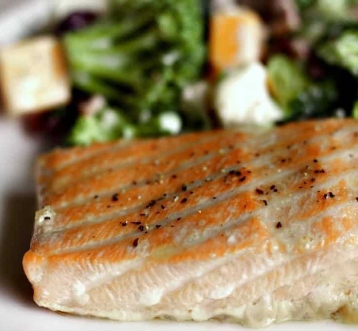Easy baked salmon with a brown sugar marinade is a perfect choice for a delicious, low carb, dairy -free, gluten-free meal choice. Chock full of good for you lean protein and healthy fat with a yummy marinade!