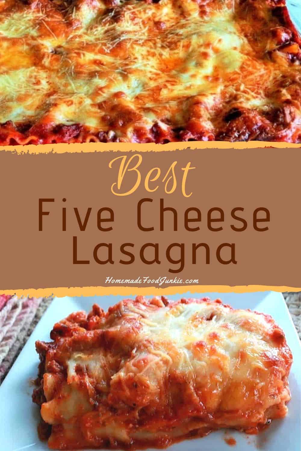 5 Cheese Lasagna This is a delicious, filling, low carb, meal, oozing with noodles, a rich meaty sauce, and five different kinds of cheese. Five Cheese Lasagna-pin image