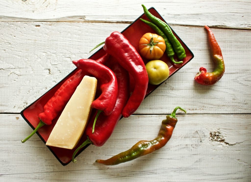 Fresh Peppers, Tomatoes Laying On A Tray. For The Parmesan For Roasted Peppers Parmesan Recipe.