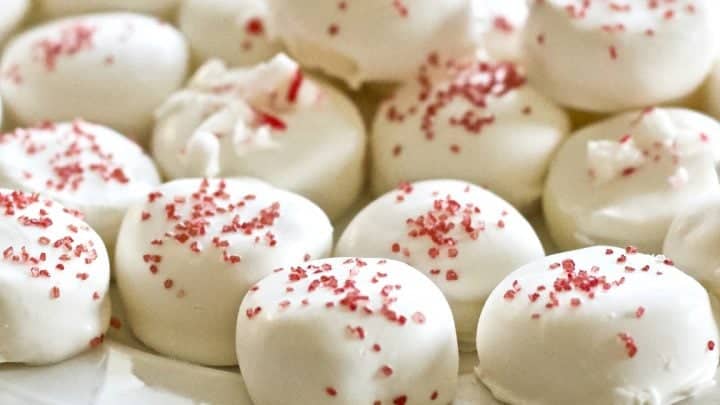 Holiday Candies With White Chocolate And Red Sprinkles
