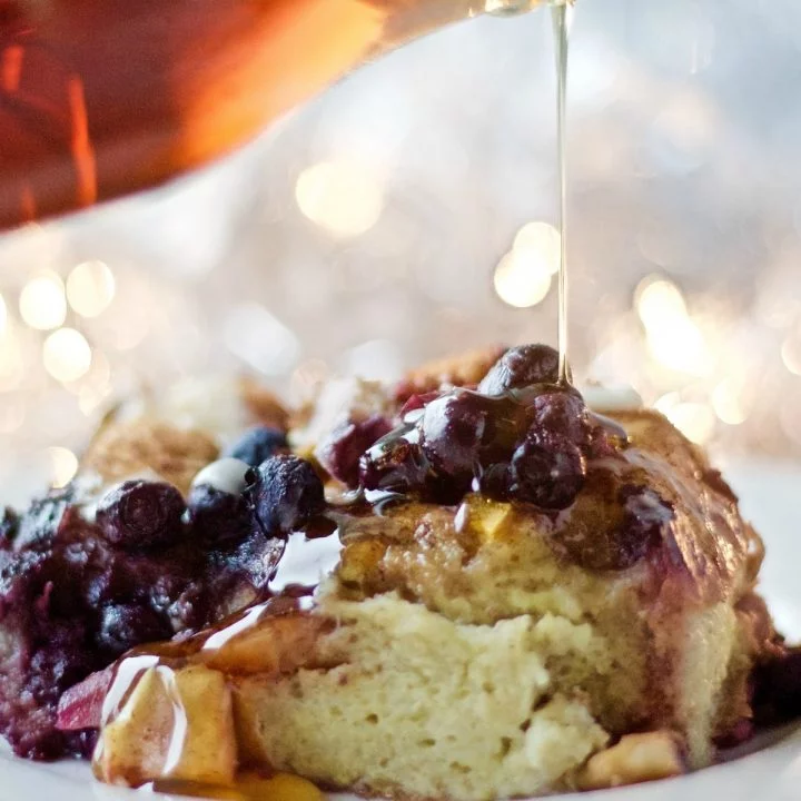 Blueberry Apple Overnight Bread Pudding. An easy, special, make ahead breakfast. Crowd Pleaser!