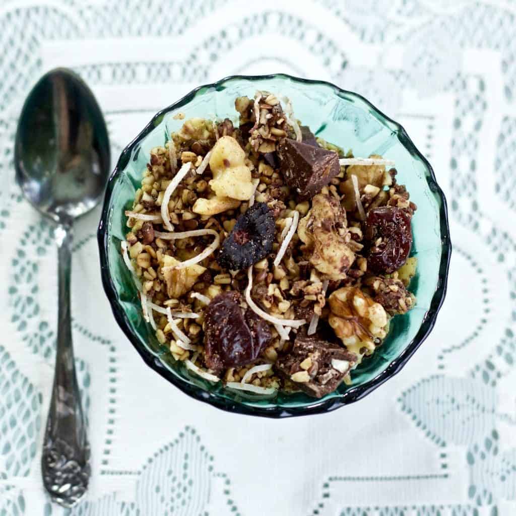 Healthy Steel Cut Oats Granola Recipe Is A Nutritionally Balanced, Chewy Textured Granola. I Added Dark Chocolate Chunks, Dried Figs, Cherries, And Coconut Flakes. This Is A High-​Fiber, Low-​Sodium, Vegetarian, Dairy-​Free, Gluten-​Free Granola. Http://Homemadefoodjunkie.com