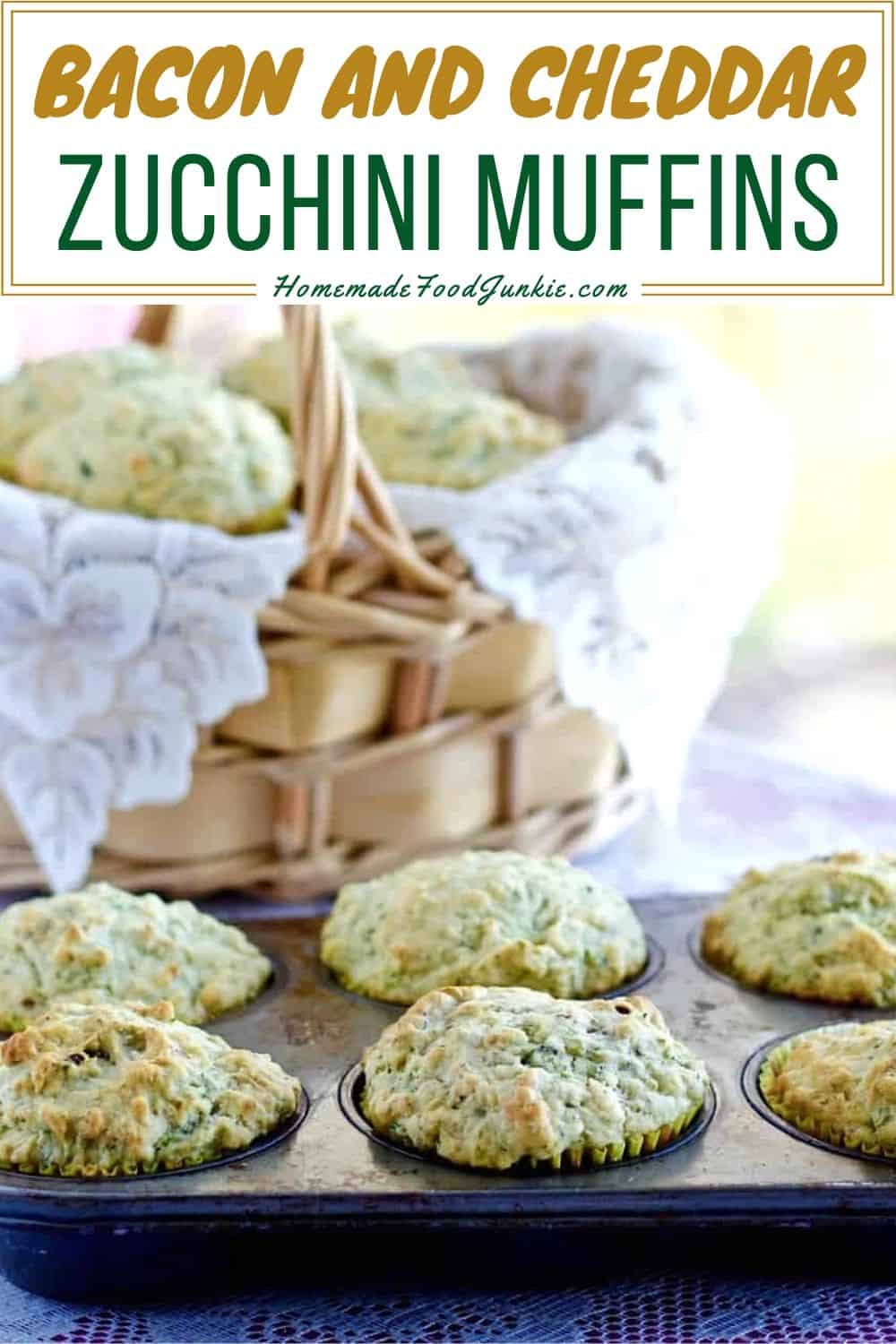 SAVORY ZUCCHINI BACON CHEESE MUFFINSa tasty grab N Go breakfast or side dish with dinner. These low sugar muffins are stuffed with zucchini, bacon and cheese with a hint of dill. Try these tasty muffins with a hearty soup! http://homemadeFoodjunkie.com Bacon and cheddar zucchini muffins-pin image