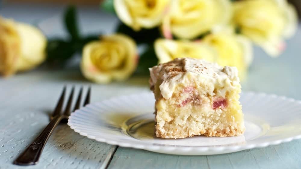 Creamy Rhubarb Shortbread Squares Rhubarb Lovers This Recipe Is For You! That Tangy Rhubarb Flavor Makes Creamy Rhubarb Shortbread Squares Irresistible! Our Rhubarb Is Ripening Now. I Froze 2 Gallon Ziplock Bags Of Chopped Rhubarb Yesterday. The Rest Is In This Delicious Dessert. Http://Homemadefoodjunkie.com