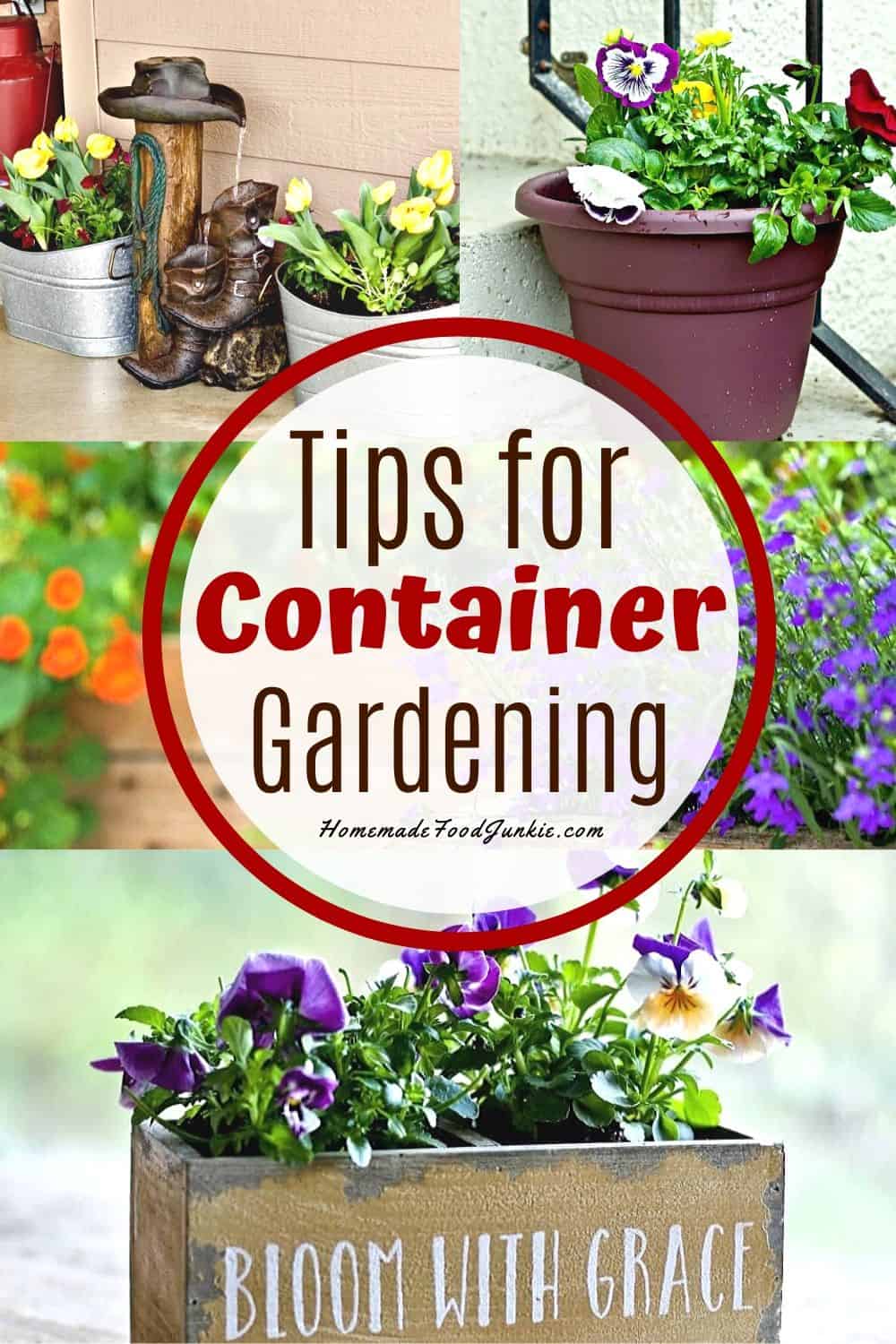 Enjoy Container Gardening. There is so much to love about a bright grouping of flowers on a porch, patio or front step. This dismal late spring has us all yearning for the bright colors and cheer a pot of pansies or tulips can provide. Here are some tips and tricks and methods for choosing and planting your flowers and pots. You'll find some tips on optimal container gardening practices throughout the growing season too. Container Gardening Tips Container Gardening Tips Tips for container gardening-pin image