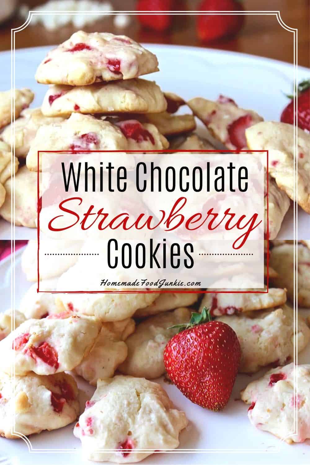 White Chocolate Strawberry Cookies. Delectable white chocolate strawberry cookies are a soft tender cookie with bits of fresh strawberries, white chocolate and cream cheese. The flavors burst through every bite. These cookies are so pretty and lively. They make a lovely presentation at a holiday party. #cookies #strawberry cookies #whitechocolatecookies #dessert #summerpartyfood #weddingreception #showerfood #partyfood #cookierecipe #dessertable White Chocolate Strawberry Cookies-pin image