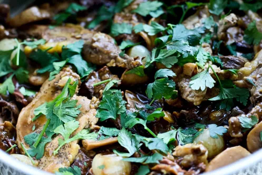 Wild Pheasant In Mushrooms And Wine Sauce