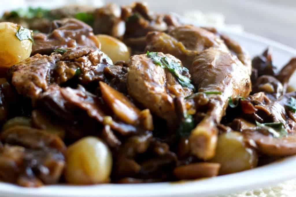 Wild Pheasant In Mushrooms And Wine Sauce