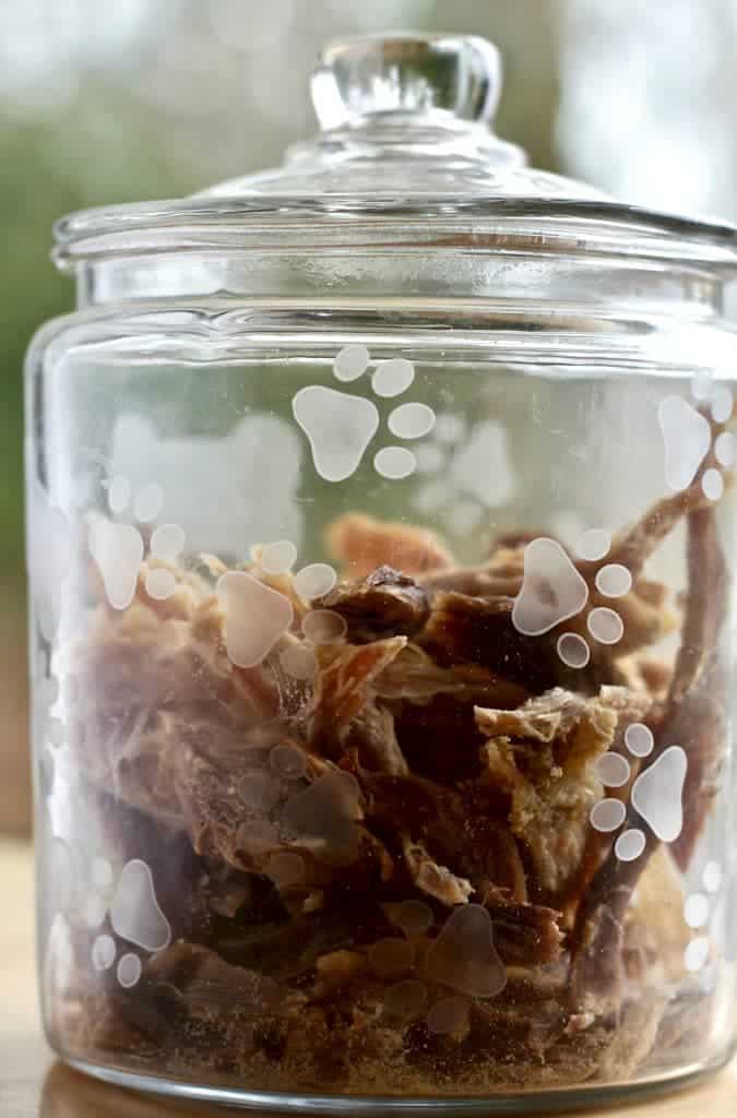 Turkey Jerky Dog Treats In A Glass Embossed Treat Jar