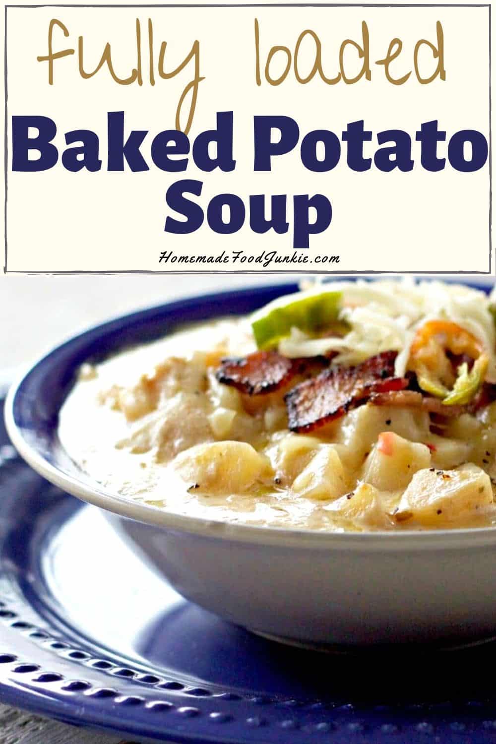 Loaded Baked Potato Crock Pot Soup is thick, rich comforting food. Full of creamy cheeses, potatoes and cream. Crunchy bacon, peppers and shredded cheddar cheese garnish the top for added texture and flavor. By http://HomemadeFoodJunkie.com Fully loaded baked potato soup-pin image