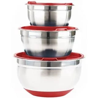 Fitzroy And Fox Non-Slip Stainless Steel Mixing Bowls With Lids, Set Of 3, Red