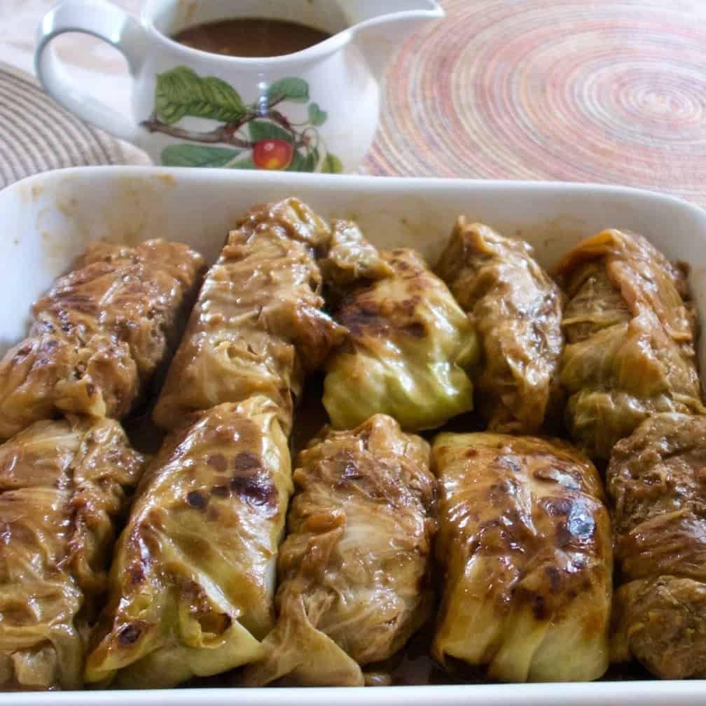 Extraordinary German Cabbage Rolls (Krautwickel) 10 Cabbage Rolls In A Serving Dish With Gravy In A Gravy Server
