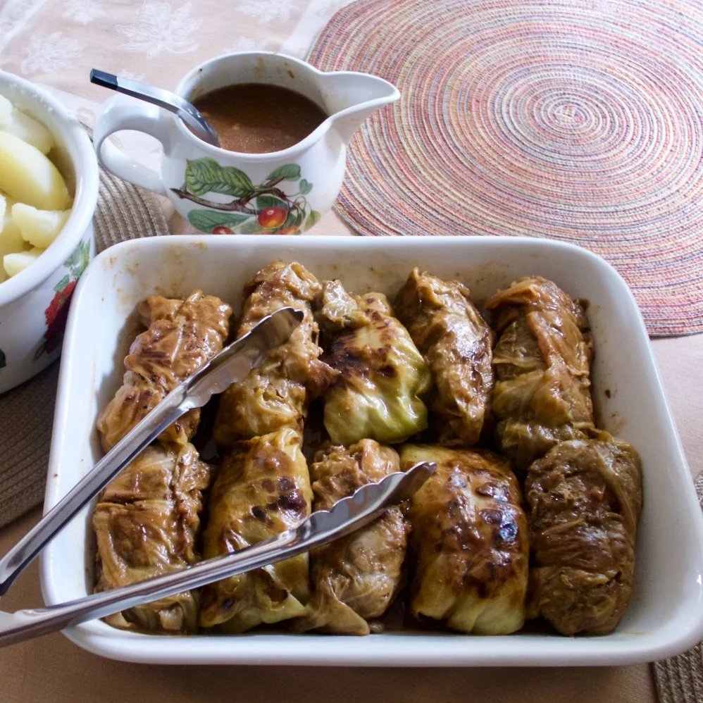 German Cabbage Rolls With Gravy And Potatoes Ready To Serve.