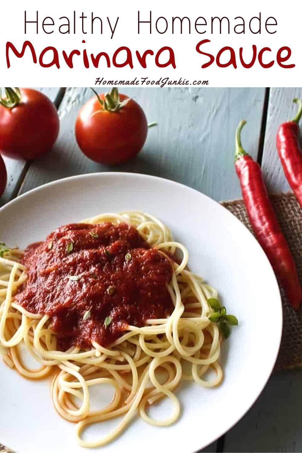 Homemade Marinara Sauce with balsamic vinegar and sun dried tomatoes is full of delicious flavor and easy to freeze and can. #tomato #tomatosauce #sauce #homemadesauces #marinara #marinarasauce #foodpreservation #gardenharvest #recipe #garden #Peppers #herbs#glutenfree #dairyfree #vegan #vegetarian #lowfat Healthy Homemade Marinara Sauce-pin image