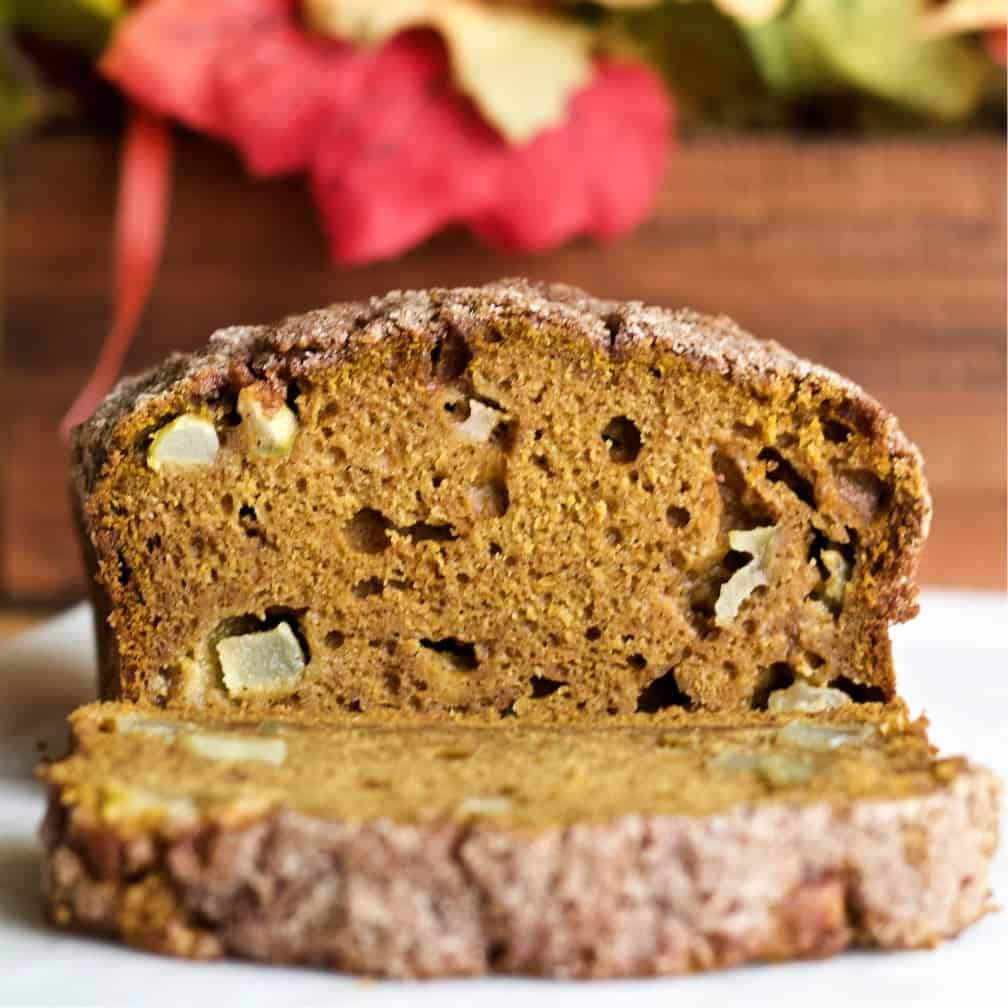 Pumpkin Apple Spice Bread With Streusel Sliced Open.