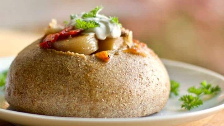 Honey Oat Bread Bowls 9 Honey Oat Bread Bowl With Hamburger Soup On A White Plate With Parsley