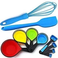 Silicone Whisk - Blue Spatula - Measuring Cups Collapsible And Spoons - 10 Piece Set - Cooking And Baking Food Prep Kitchen Tools