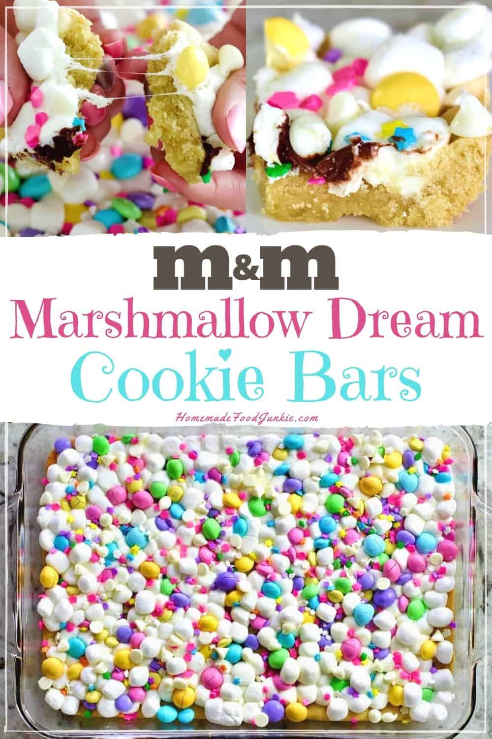M&M Cookie Bars with white chocolate, marshmallows and sprinkles. delicious Easter dessert or fun family treat. Eat this simple party food anytime. Easily themed for any event by switching out the colors! #dessert #desserttable #easterdessert #kidspartyfood #partyfoodidea M&M marshmallow dream cookie bars-pin image