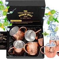 Set Of 4 Moscow Mule Copper Mugs With Stainless Steel Lining &Amp; Shot Glass In Large Gift Box | Premium Double Wall Heavy Copper Cups | Hammered, Food Safe, Lined, Barrel Shape Mule Mugs