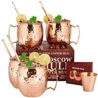 Moscow Mule Copper Mugs - Set Of 4-100% Handcrafted Food Safe Pure Solid Copper Mugs - 16 Oz Gift Set With Bonus: Highest Quality 4 Cocktail Copper Straws And 1 Shot Glass With Recipe Booklet!
