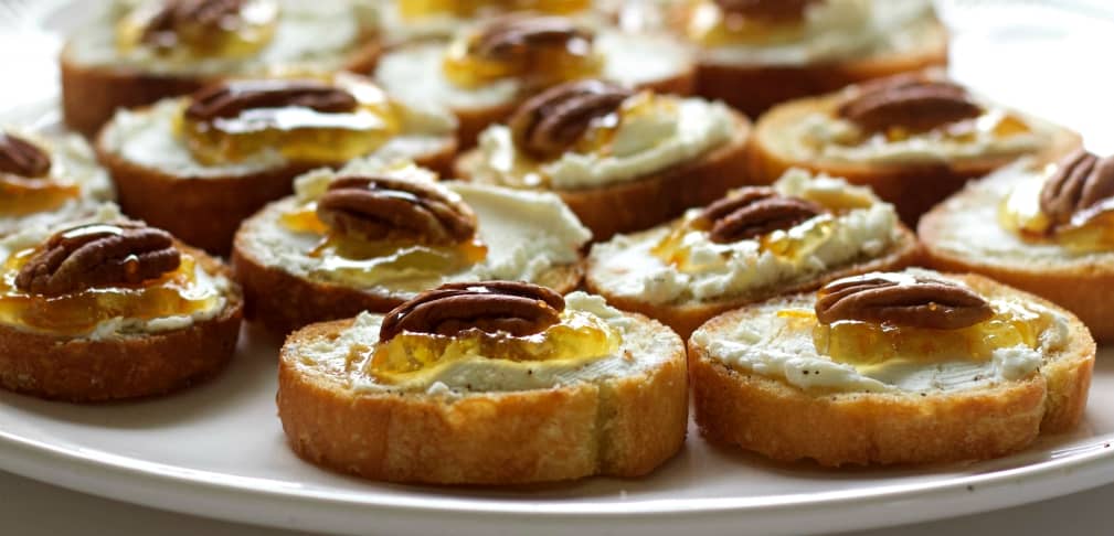 Goat Cheese Crostini Appetizer With Marmalade And Pecan 8 Crostini With Goat Cheese And Pecans