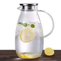 Jiaqi 88 Ounces Large Borosilicate Glass Pitcher With Lid - High Heat Resistance Stovetop Safe Water Carafe For Hot/Cold Water, Homemade Iced Tea &Amp; Juice Beverage (Free Brush And Coaster Included)