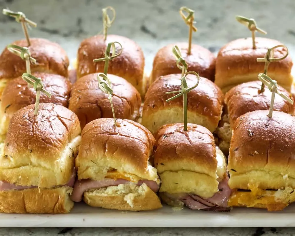 Ham And Cheese Sliders Top View Of Baked Sliders.