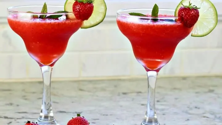 Strawberry Daiquiri Recipe With Malibu Coconut Rum 8 Two Strawberry Daiquiris Garnished With Lime Wheels And Whole Strawberries
