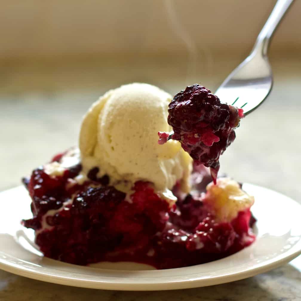 Blackberry Cobbler Single Serving With Vanilla Bean Ice Cream. A Forkful Of Cobbler In Front.