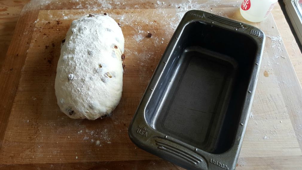 Bread Dough Loaf And Loaf Pan Side By Side-Cinnamon Raisin Bread