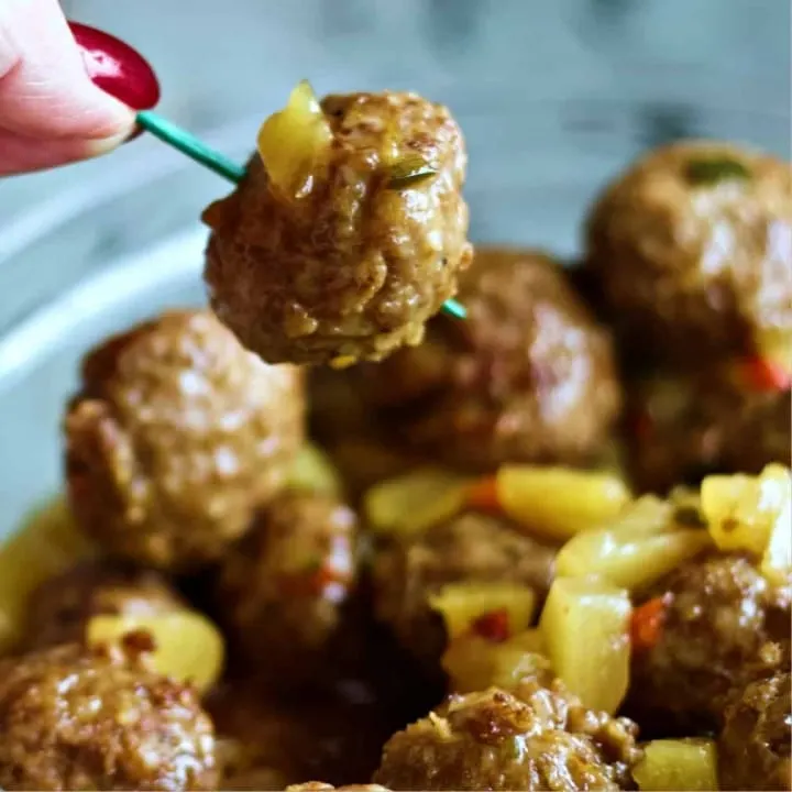 Hawaiian Meatball appetizers on toothpick