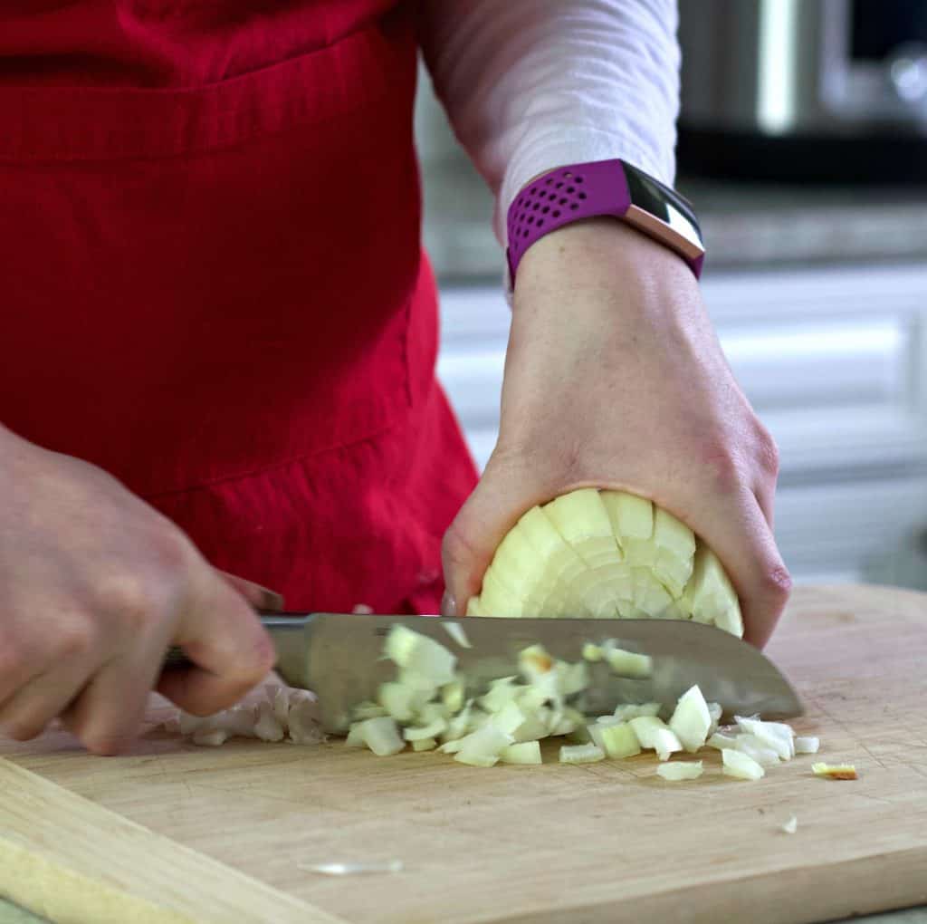 Tuscan Sausage Keto Soup Recipe 11 Dicing An Onion For Tuscan Soup