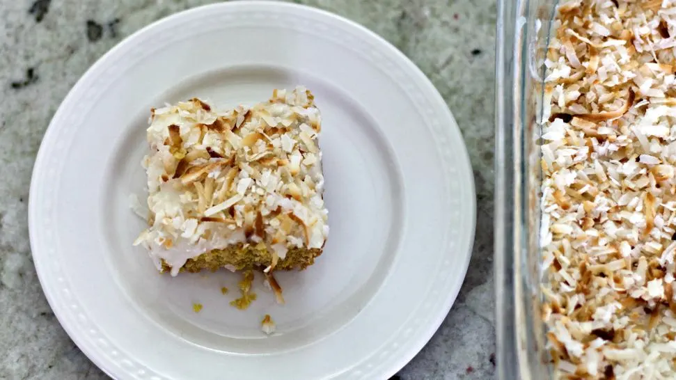 Toasted Coconut Bars In Pan And Plate