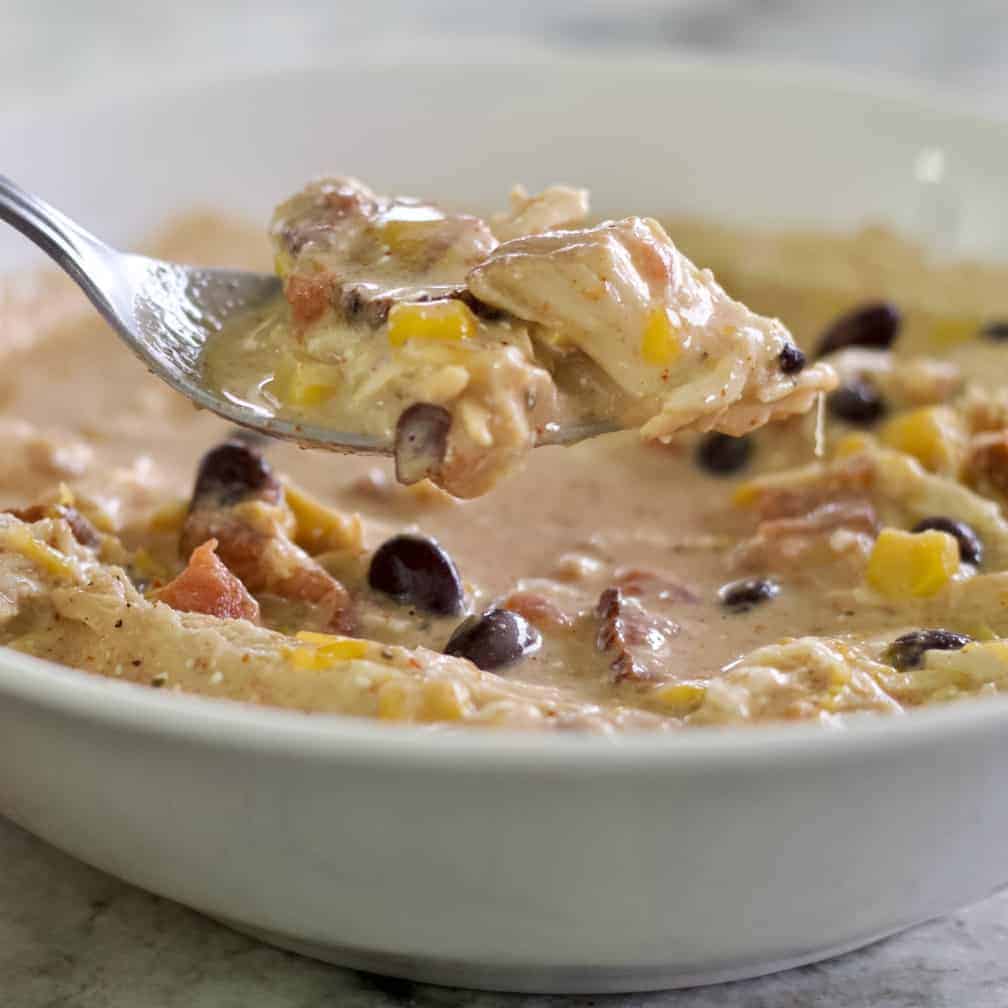 Instant Pot Chicken Chili In A White Bowl