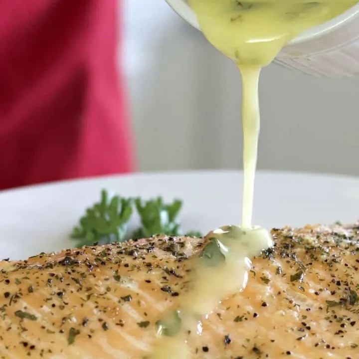 lemon butter sauce over baked salmon