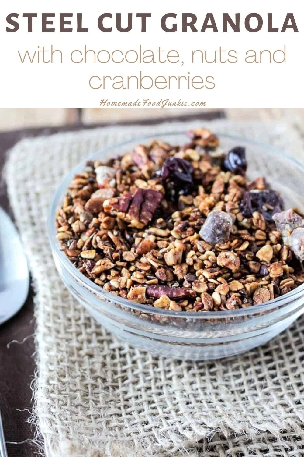 Steel Cut Granola With Chocolate, Nuts And Cranberries-Pin Image