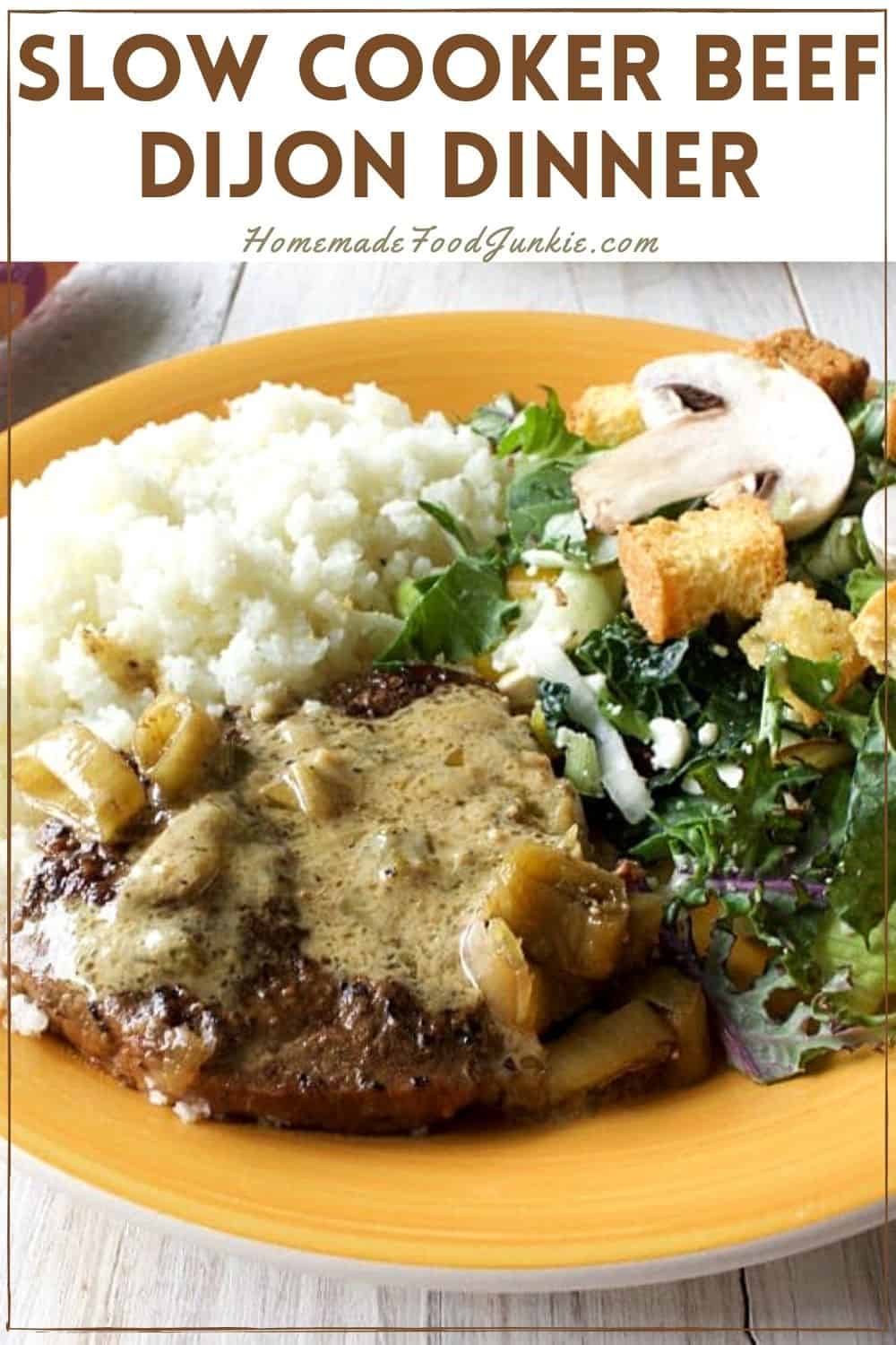 Slow Cooker Beef Dijon is a delicious way to spruce up a round steak dinner! Tenderize an other wise tough cut of beef. into a melt in your mouth, juicy, beefy dinner! This Low-Carb, Low-Sodium, Low-Sugar, Gluten-Free meal is easy and delicious! Slow cooker beef dijon dinner-pin image