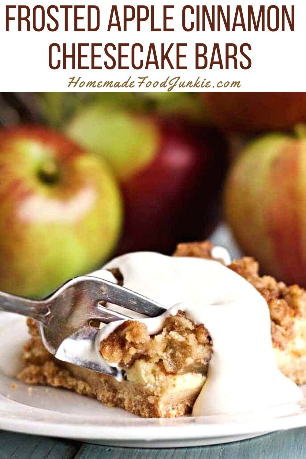 Frosted apple cinnamon cheesecake bars-pin image