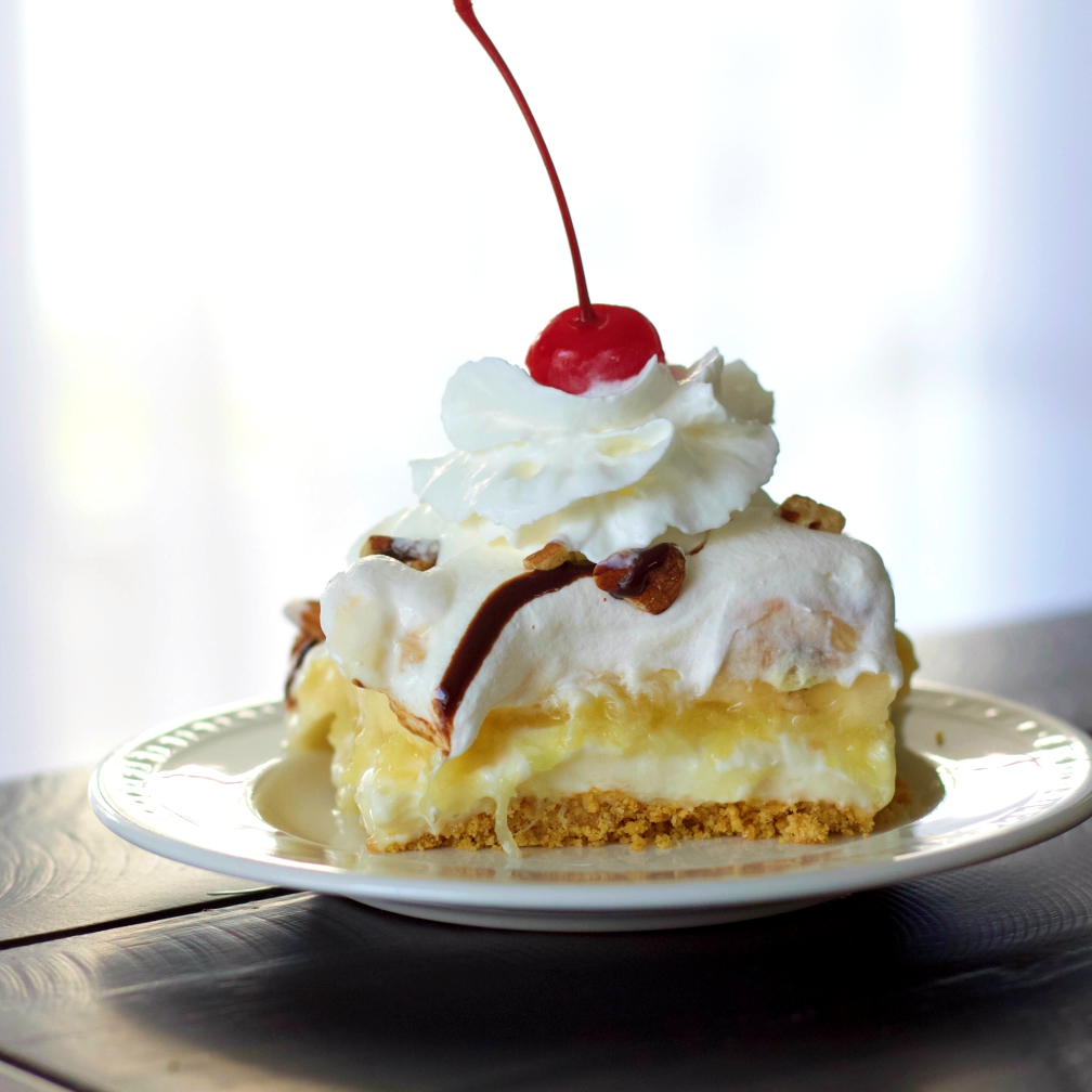 banana split cake single serving on a plate
