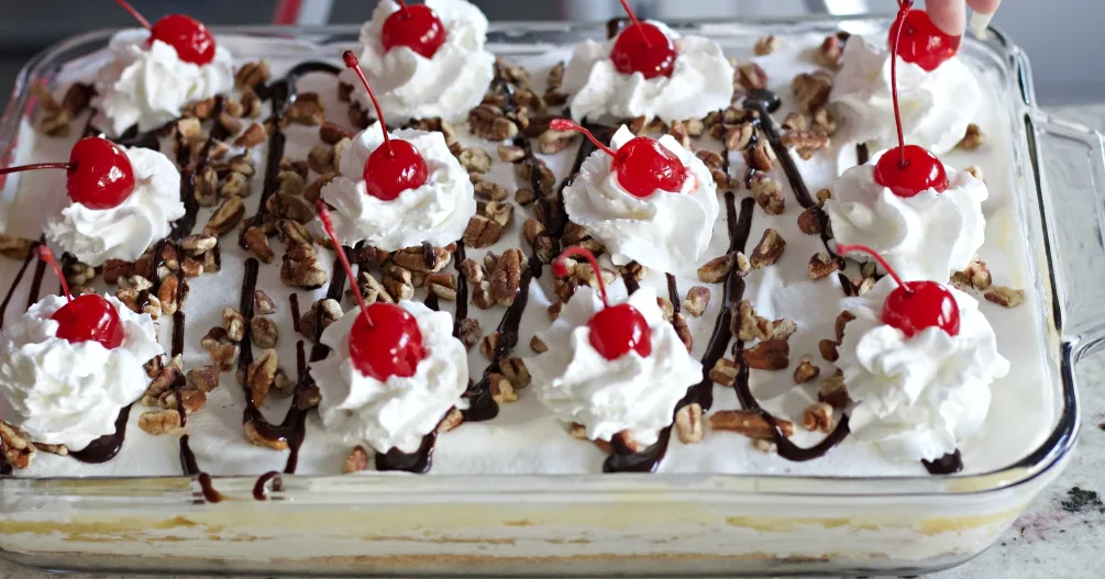 Garnishing Banana Split Cake