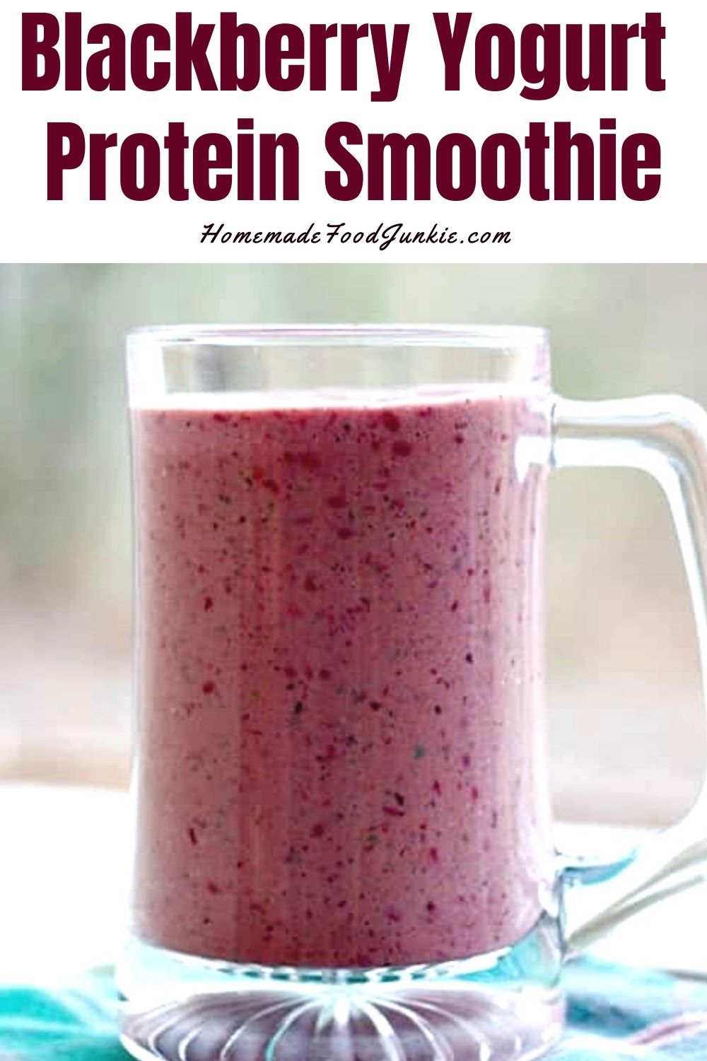 Healthy Blackberry Smoothie Is Full Of Flavonoids And Antioxidants To Do Your Body Good. This Thick, Rich Liquid Breakfast Is A Delicious Nutritious Boost. Gluten Free, High Fiber And High Protein. Greek Yogurt, Milk And Ground Flax Meal Complement The Healthy Array Of Fruits And Veggies In This Pretty Smoothie. Blackberry Yogurt Protein Smoothie-Pin Image