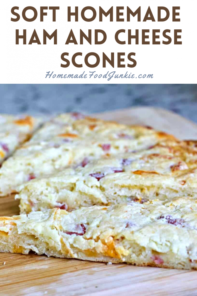 Low-Sugar Cheesy Ham scones make a yummy breakfast. Include them in the lunchbox. Pack them up for a picnic. Take them biking, camping and hiking. Cheesy Ham scones are a filling, sustaining meal; easily eaten in the hand. It's VERY easy to whip up a batch of these savory scones. Enjoy a Cheesy Ham scone for breakfast lunch and dinner! http://HomemadeFoodjunkie.com Soft homemade ham and cheese scones-pin image