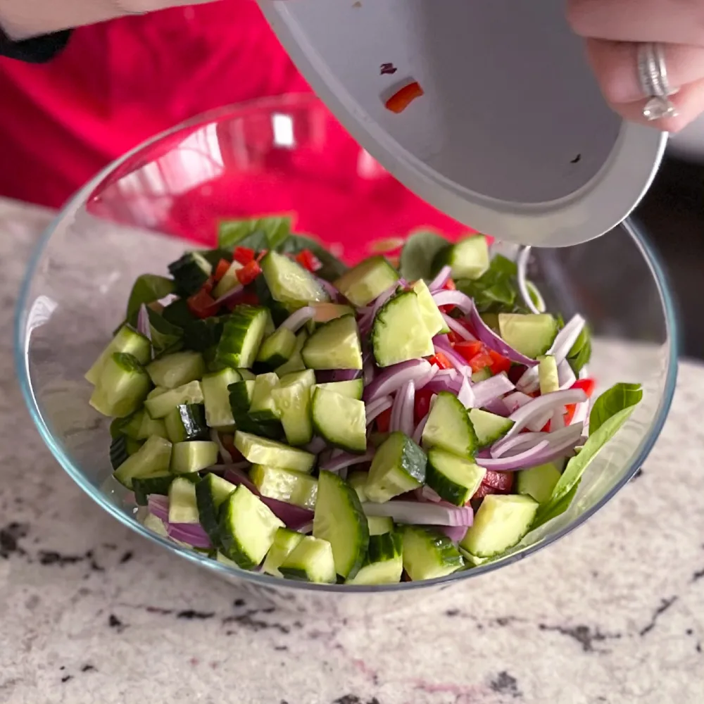 Add The Vegetables To Orzo In Salad Bowl