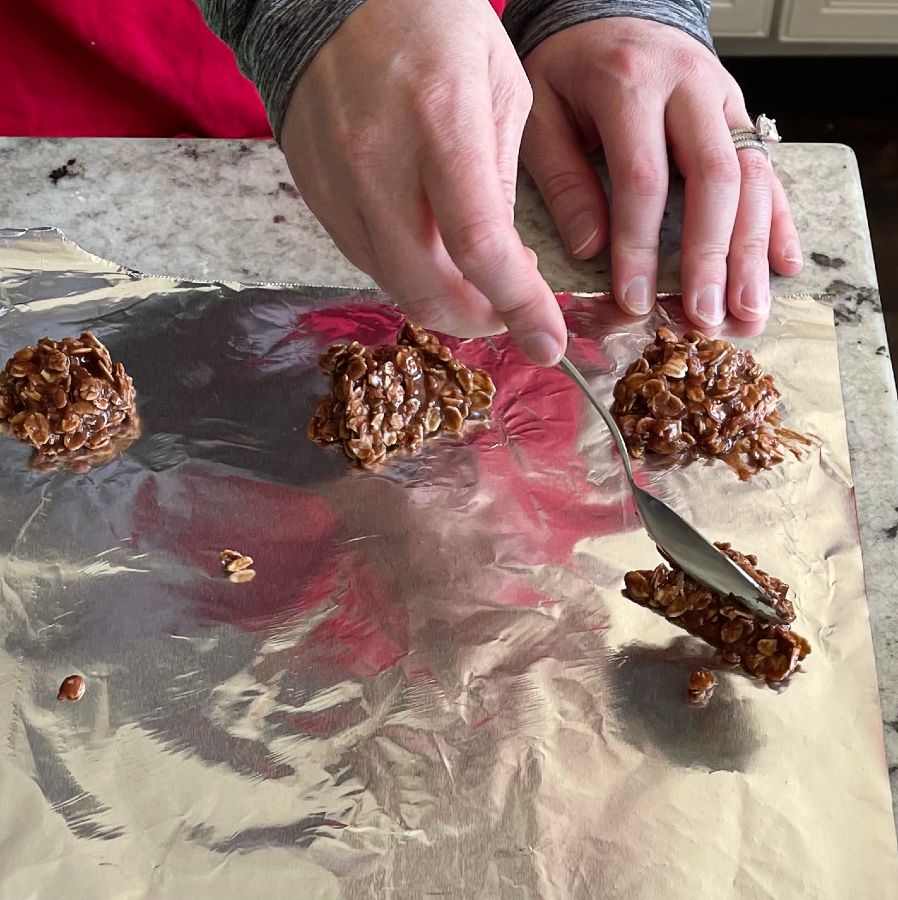 Spooning No Bake Cookies Onto Foil