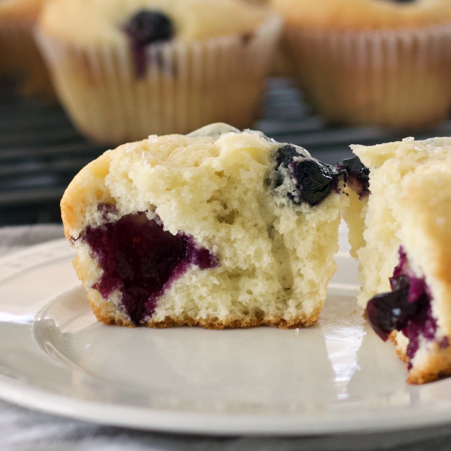 Buttermilk Blueberry Muffin Cut Open On Plate