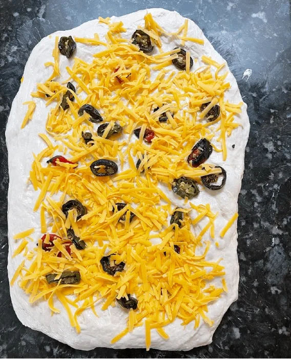 Adding Filling To Dough-Dried Peppers- Sourdough JalapeÑO Cheese Bread.